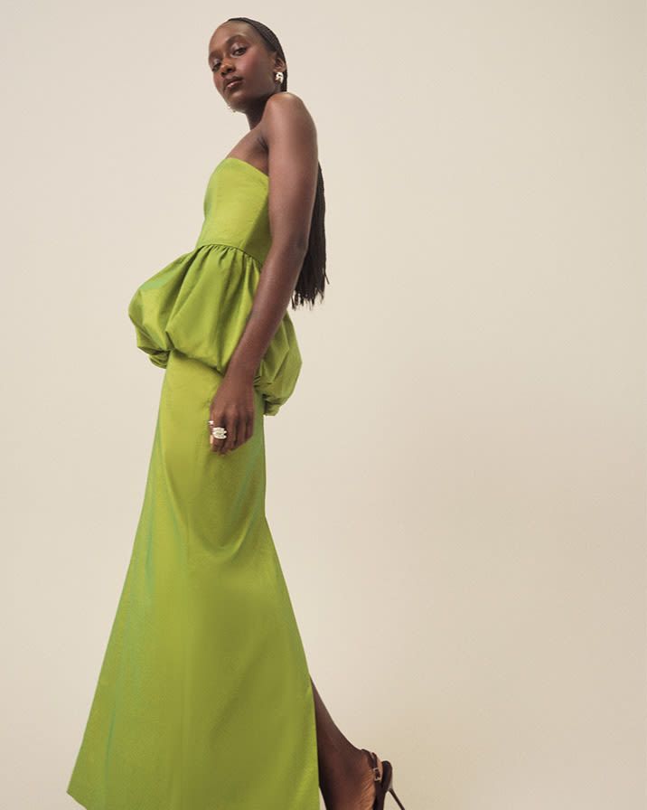 Striking Lime Green Strapless Gown with Bubble Peplum Striking Lime Green Strapless Gown with Bubble Peplum — Bridal Shower Dress 2027 for Guest