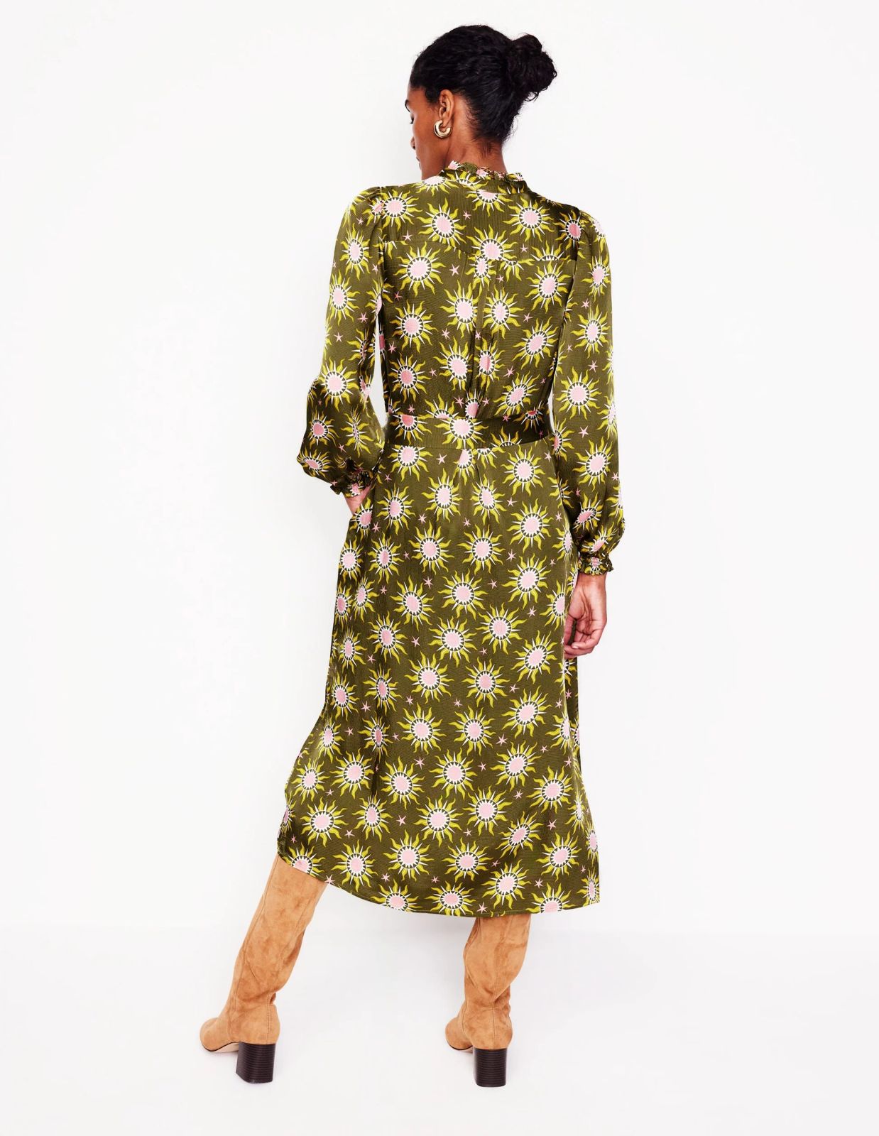 Olive Green Satin Dress with Pink and Yellow Sunburst Print Olive Green Satin Dress with Pink and Yellow Sunburst Print — Bridal Shower Dress 2027 for Guest