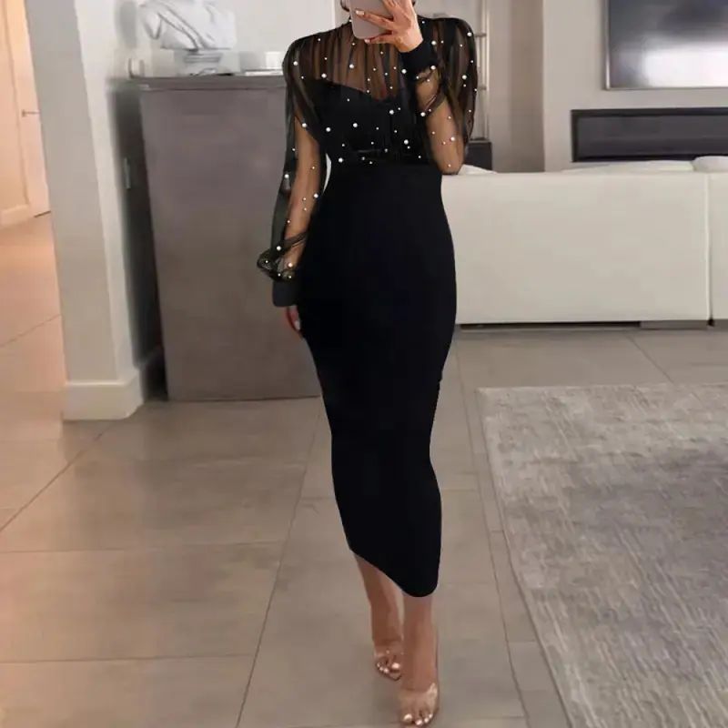 Black Midi Dress with Pearl Embellished Sheer Sleeves Black Midi Dress with Pearl Embellished Sheer Sleeves — Bridal Shower Dress 2027 for Guest