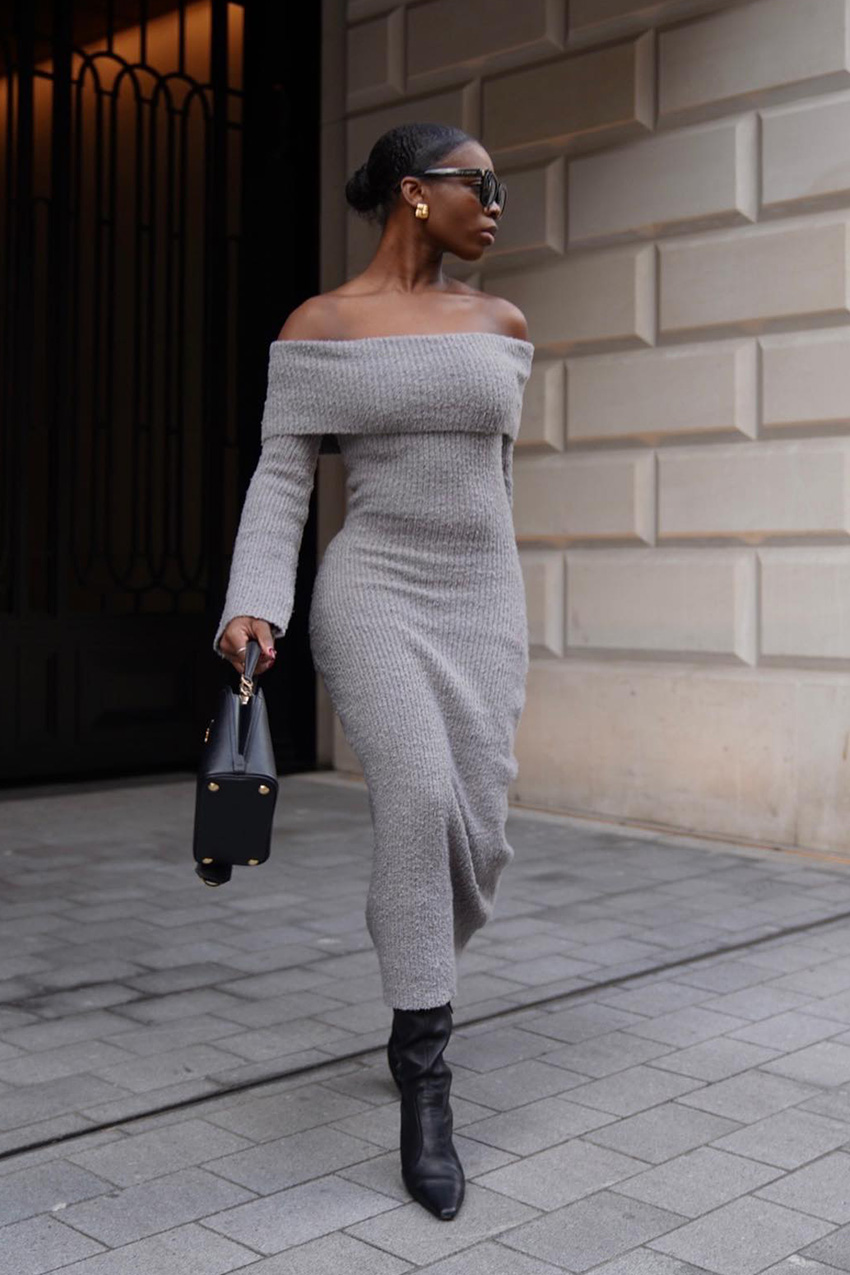 Grey Ribbed Knit Off-The-Shoulder Midi Dress Grey Ribbed Knit Off-The-Shoulder Midi Dress — Winter Dinner Outfits 2027