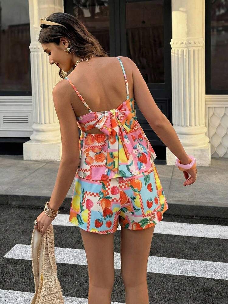 Multicolor Fruit Print Cami Top and Shorts for Casual Vacation Fun Multicolor Fruit Print Cami Top and Shorts for Casual Vacation Fun — Summer Two Piece Set Outfits 2027