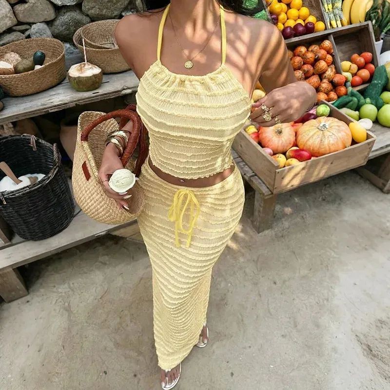 Yellow Textured Knit Halter Top and Maxi Skirt for Vacation Style Yellow Textured Knit Halter Top and Maxi Skirt for Vacation Style — Summer Two Piece Set Outfits 2027