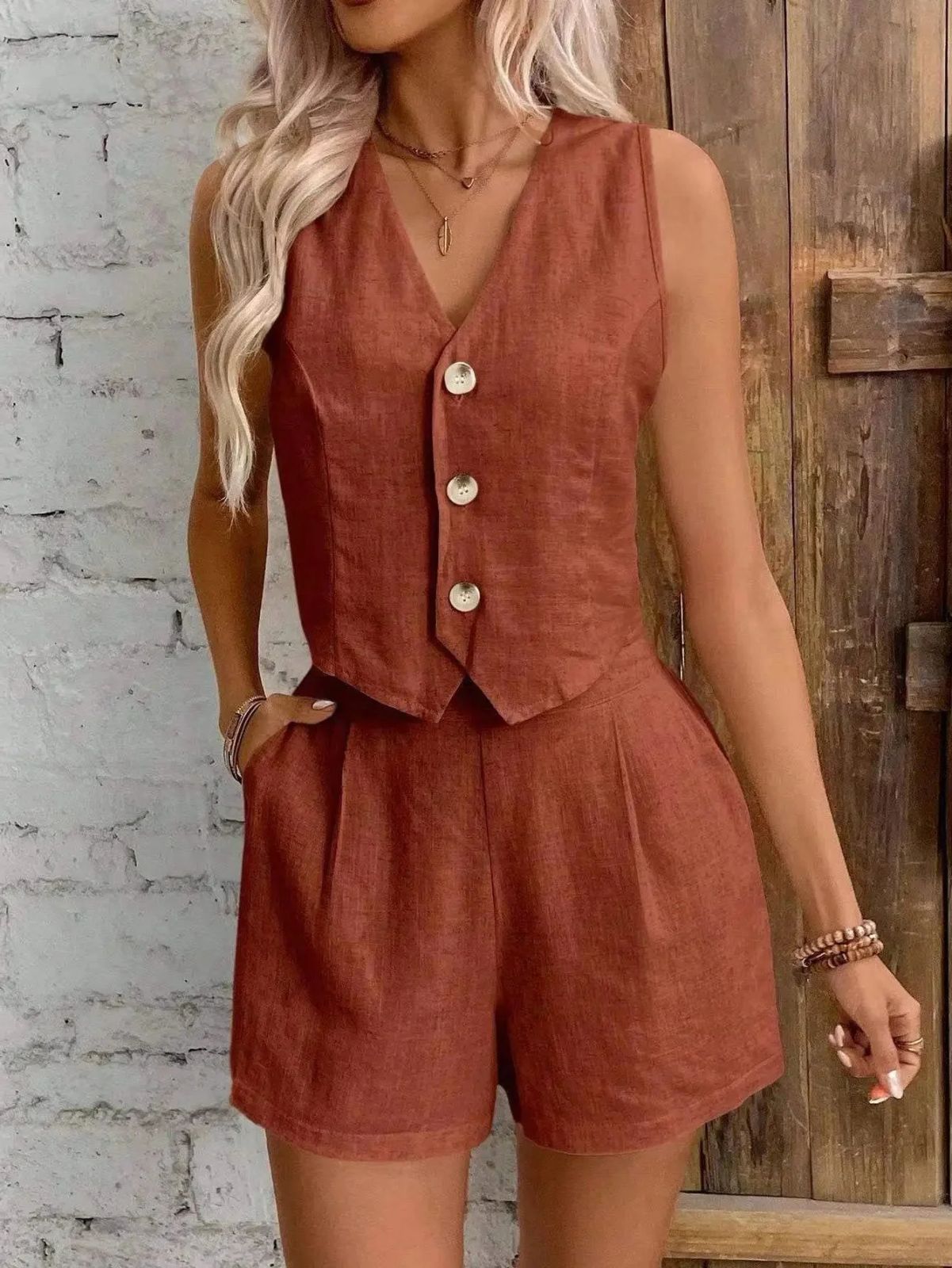 Rust Orange Cotton Linen Blend Vest and Tailored Shorts for Daytime Chic Rust Orange Cotton Linen Blend Vest and Tailored Shorts for Daytime Chic — Summer Two Piece Set Outfits 2027