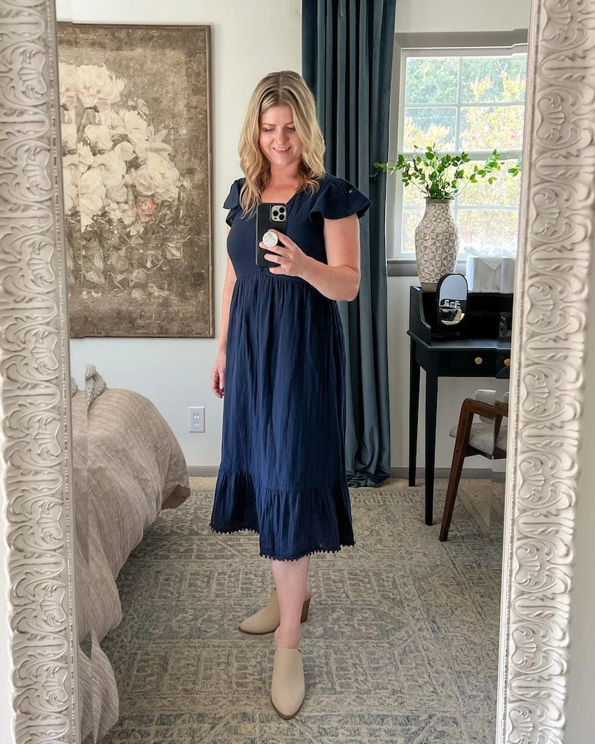 Navy Tiered Midi Dress with Flutter Sleeves Navy Tiered Midi Dress with Flutter Sleeves — Outfits 2027 for Mom Bod