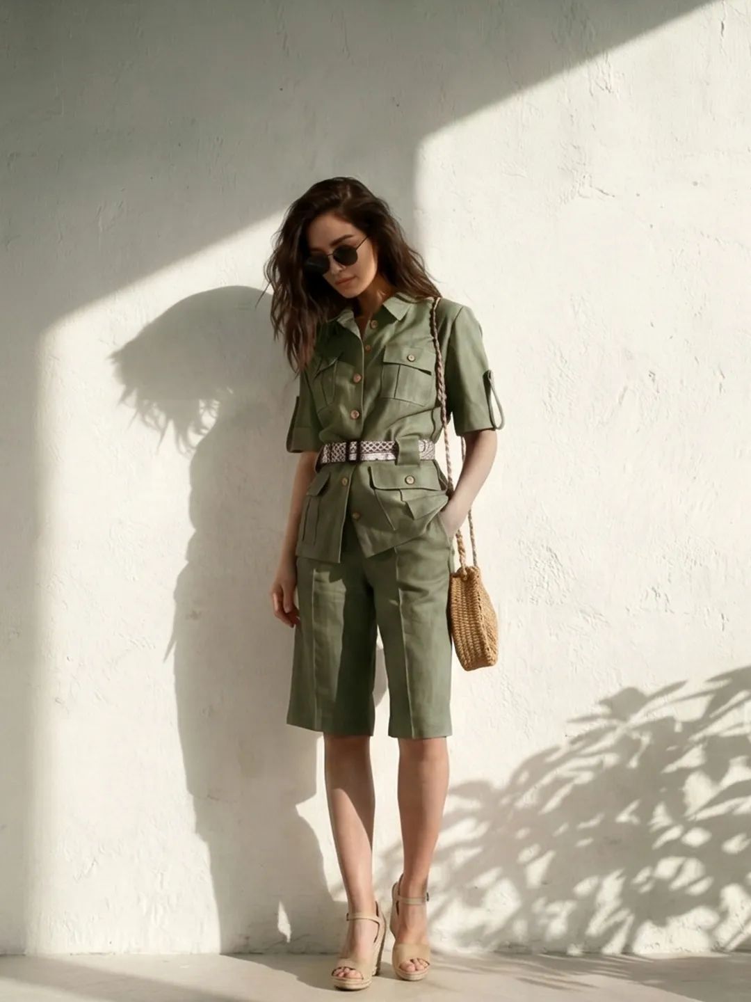 Olive Green Linen Safari Jacket and Shorts for Casual Daytime Olive Green Linen Safari Jacket and Shorts for Casual Daytime — Summer Two Piece Set Outfits 2027