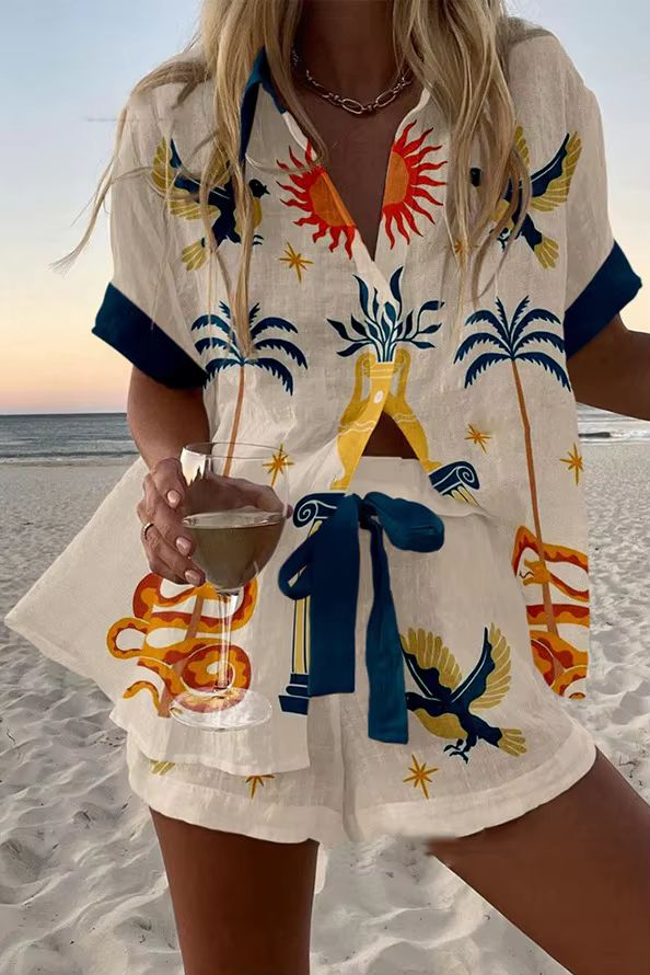 Graphic Print Linen Shirt and Shorts for Beach Vacation Style Graphic Print Linen Shirt and Shorts for Beach Vacation Style — Summer Two Piece Set Outfits 2027