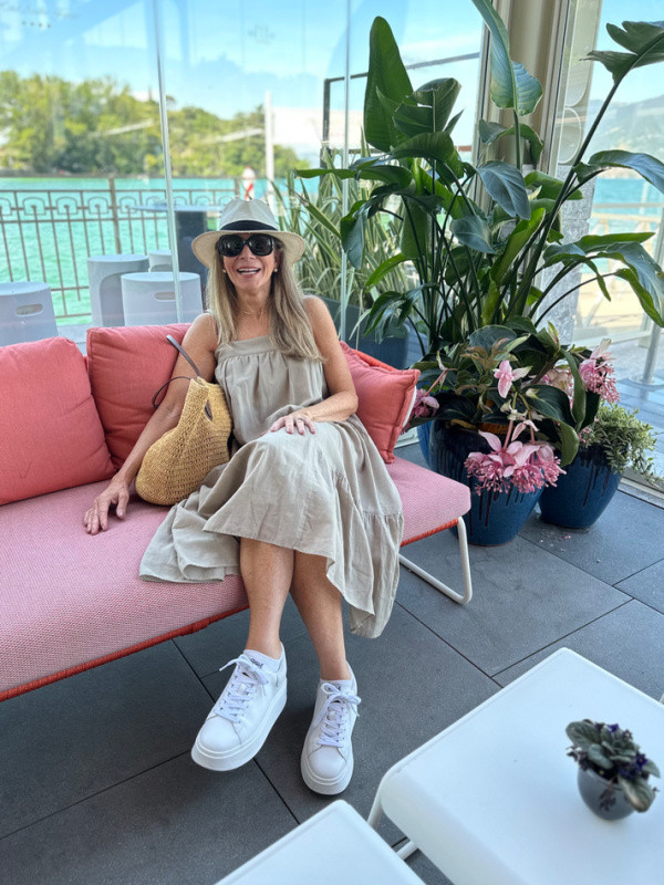 Beige A-Line Dress with Sneakers for a Relaxed Restaurant Meal Beige A-Line Dress with Sneakers for a Relaxed Restaurant Meal — Italian Restaurant Outfits 2027