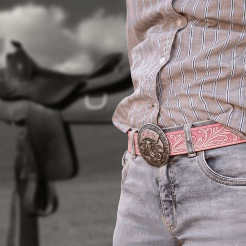 Embossed Pink Leather Belt with Striped Shirt and Grey Jeans Embossed Pink Leather Belt with Striped Shirt and Grey Jeans — Western Belt Outfits 2027