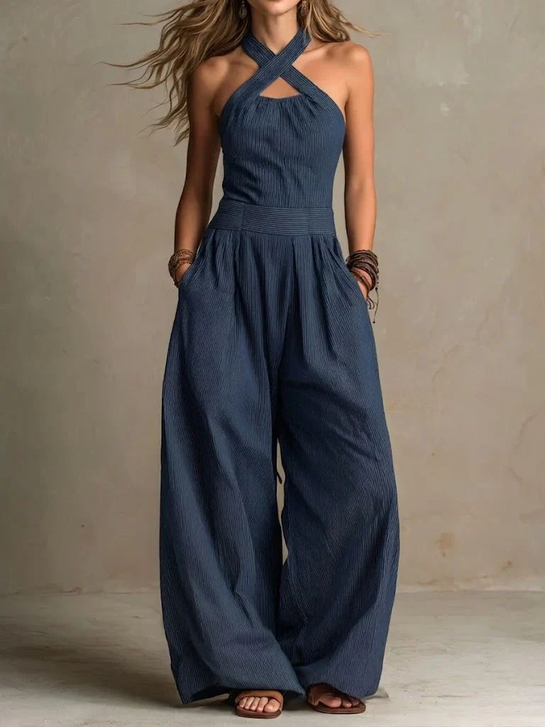 Blue and White Striped Halter Neck Jumpsuit for Casual Days Blue and White Striped Halter Neck Jumpsuit for Casual Days — Sleeveless Jumpsuit Outfits 2027