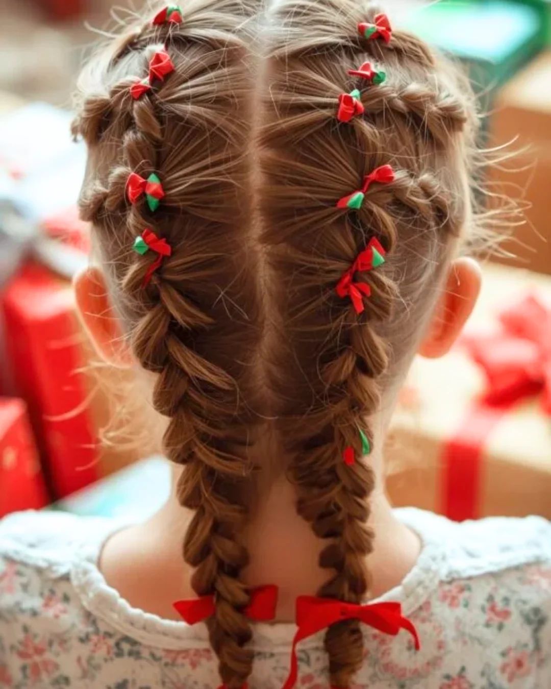 Fishtail Braids With Red And Green Bows — Ribbons Little Girl Hairstyles 2027