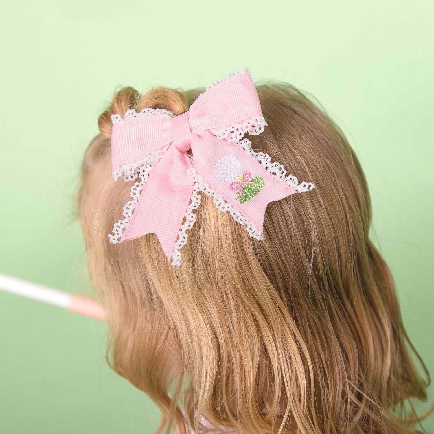 Shoulder Length Blonde Lace Trim Pink Bow — Ribbons Little Girl Hairstyles 2027