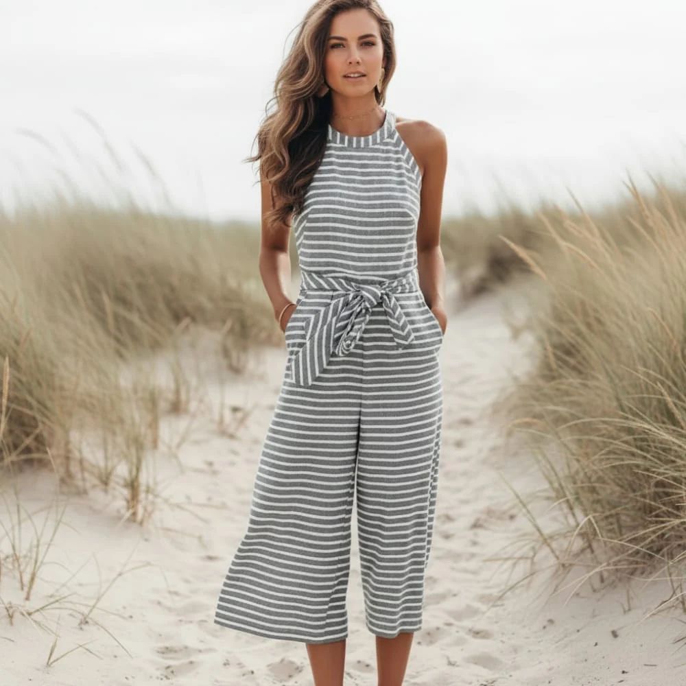 Striped Halter Neck Jumpsuit with Cropped Wide Legs for Beachwear Striped Halter Neck Jumpsuit with Cropped Wide Legs for Beachwear — Sleeveless Jumpsuit Outfits 2027