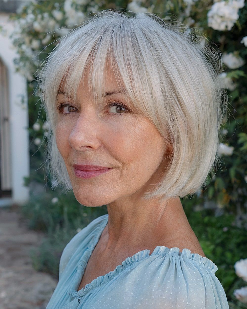Chin Bob With Blunt Ash Gray Bangs — Transitioning to Gray Hair 2027
