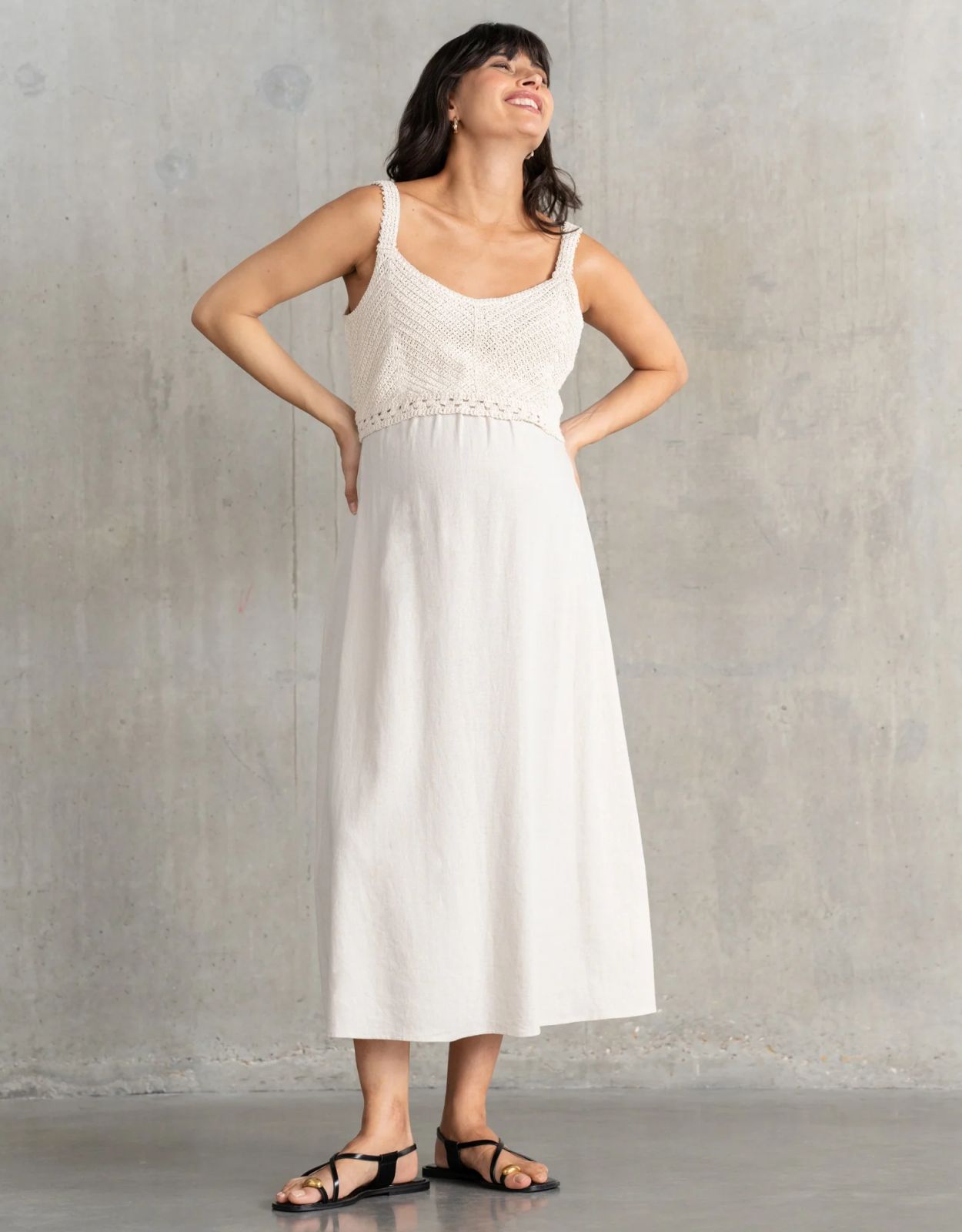 Crochet Knit Tank Midi Dress with Linen Blend Skirt Crochet Knit Tank Midi Dress with Linen Blend Skirt — Midi Dresses 2027 for Nursing Moms