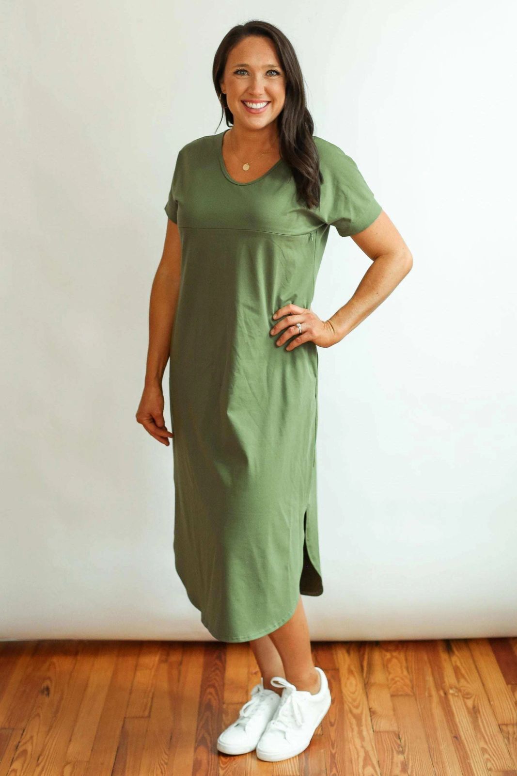 Olive Green T-Shirt Midi Dress with Invisible Zipper Olive Green T-Shirt Midi Dress with Invisible Zipper — Midi Dresses 2027 for Nursing Moms