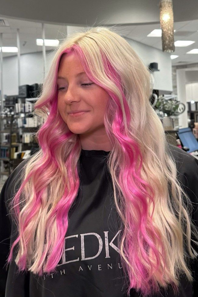 Bright Pink Money Piece Visual Idea Bright Pink Money Piece Visual Idea — Blonde 2027 with Pink Hair