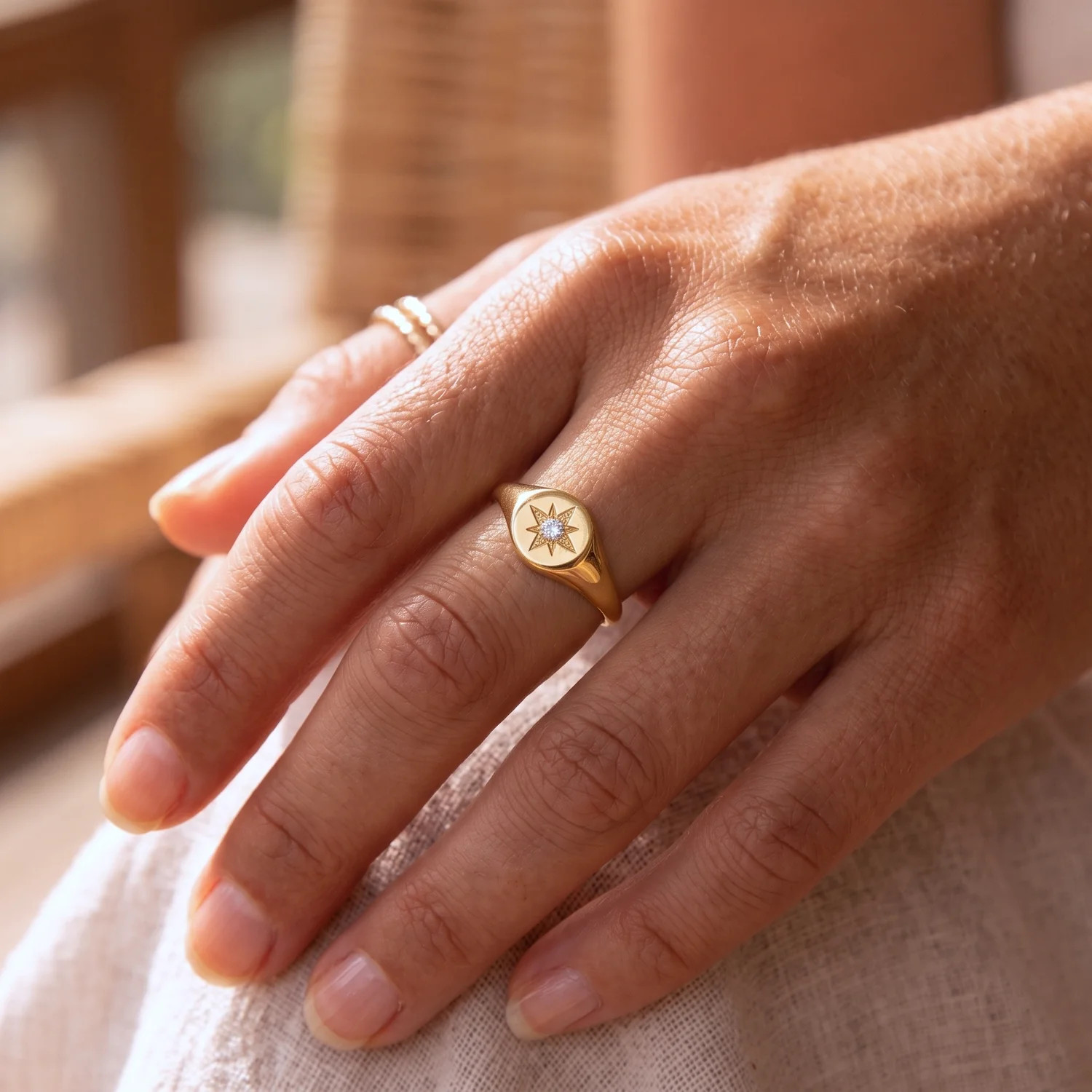 Star Detail Signet Ring with Linen Fabric Star Detail Signet Ring with Linen Fabric — Signet Rings 2027