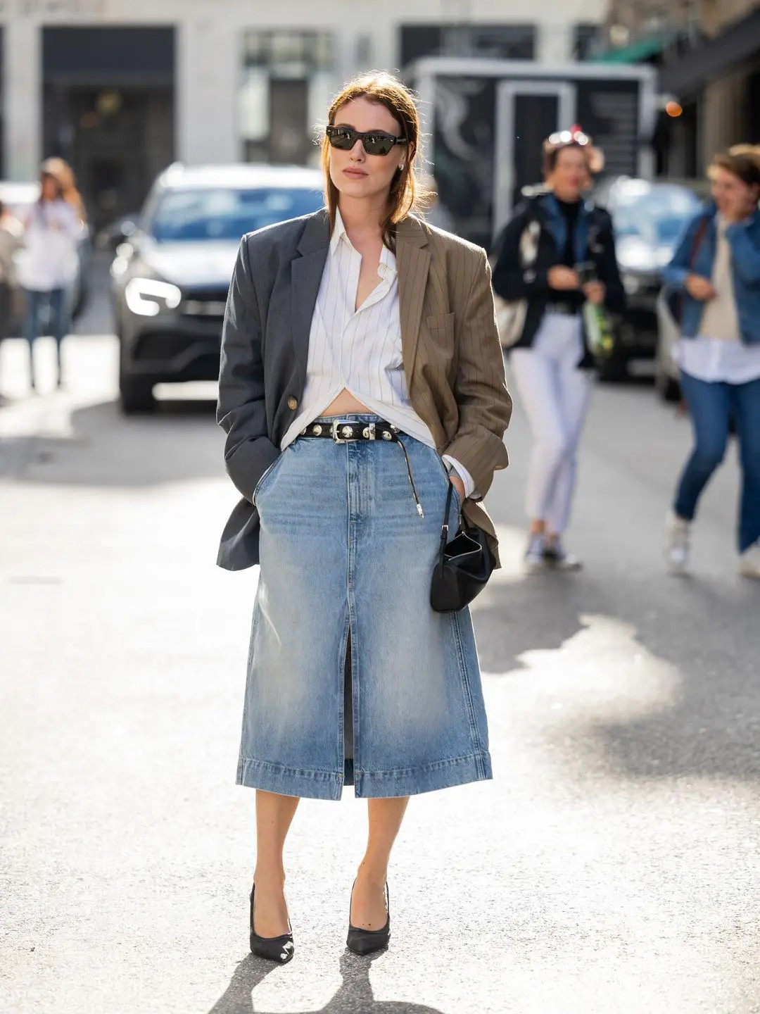 Grey Oversized Blazer with Striped Shirt and Denim Skirt Grey Oversized Blazer with Striped Shirt and Denim Skirt — Blouse Outfits 2027 with Blazer