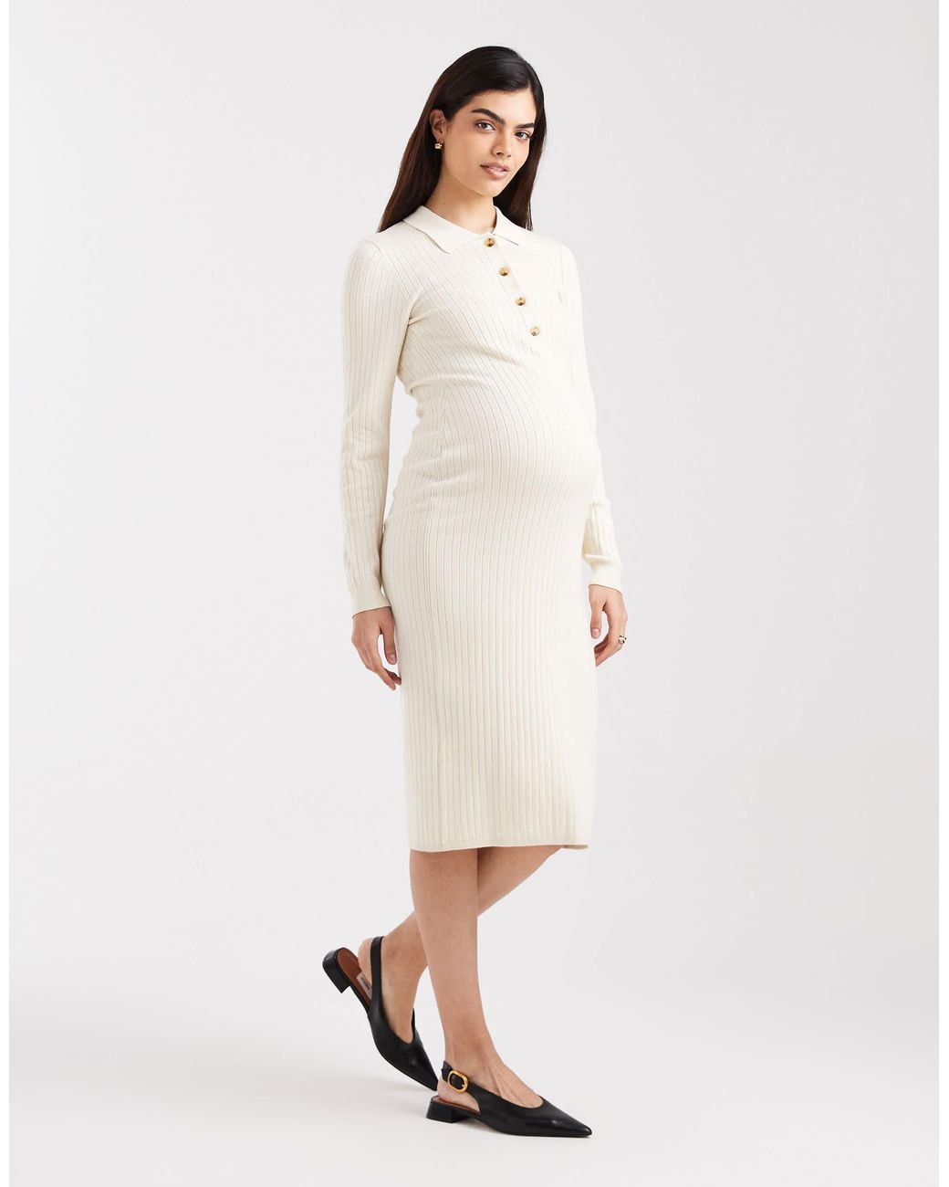 White Ribbed Midi Dress with Button-Front Polo Collar White Ribbed Midi Dress with Button-Front Polo Collar — Midi Dresses 2027 for Nursing Moms