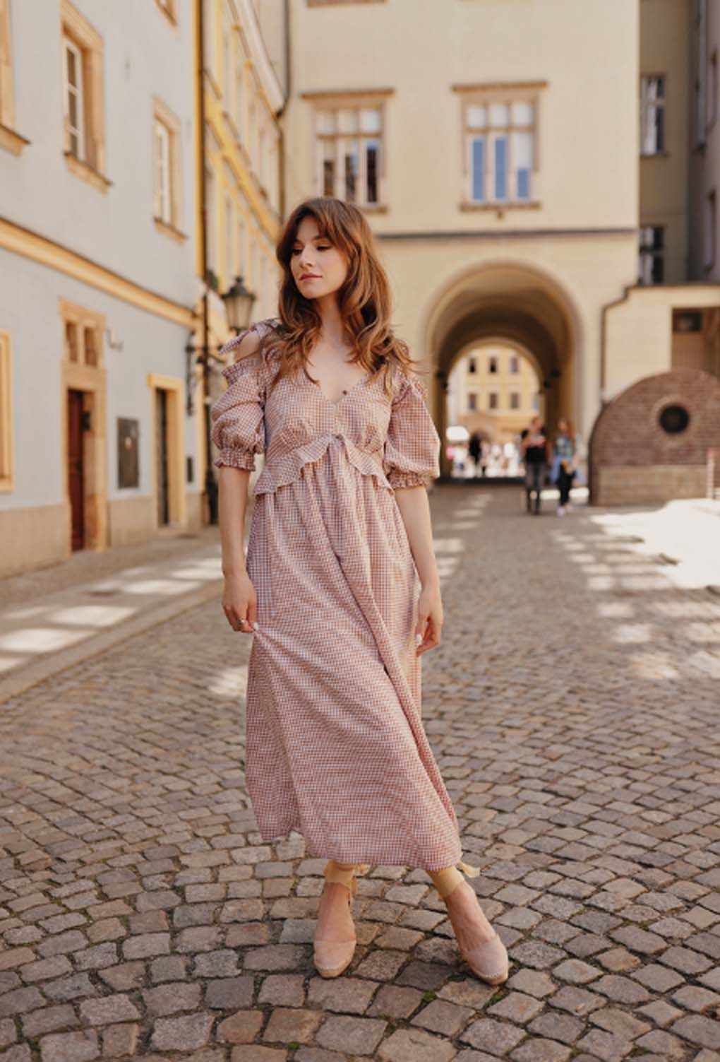 Pink and White Gingham Off-the-Shoulder Midi Dress Pink and White Gingham Off-the-Shoulder Midi Dress — Midi Dresses 2027 for Nursing Moms