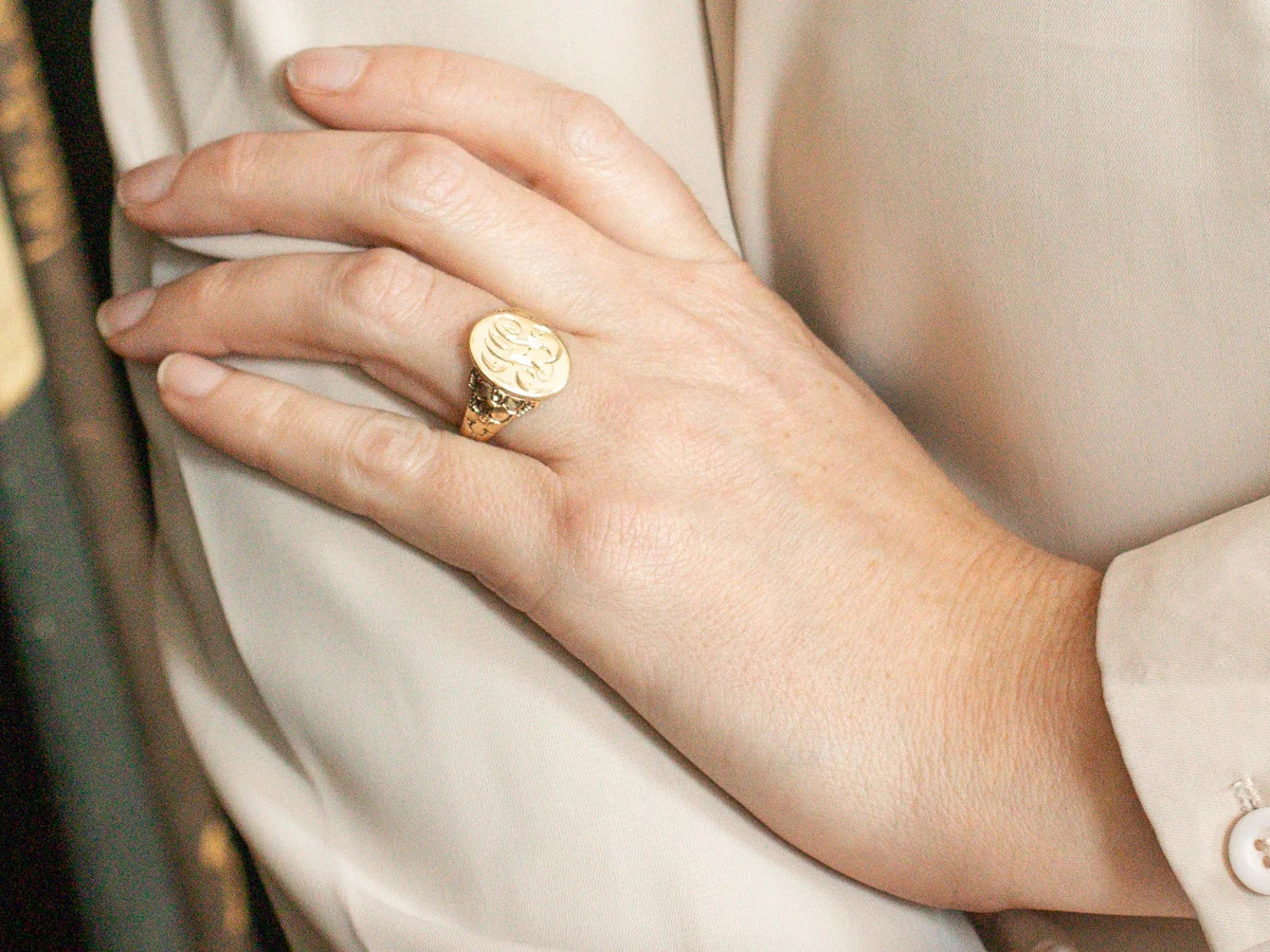 Monogrammed Signet Ring with Beige Blouse Monogrammed Signet Ring with Beige Blouse — Signet Rings 2027