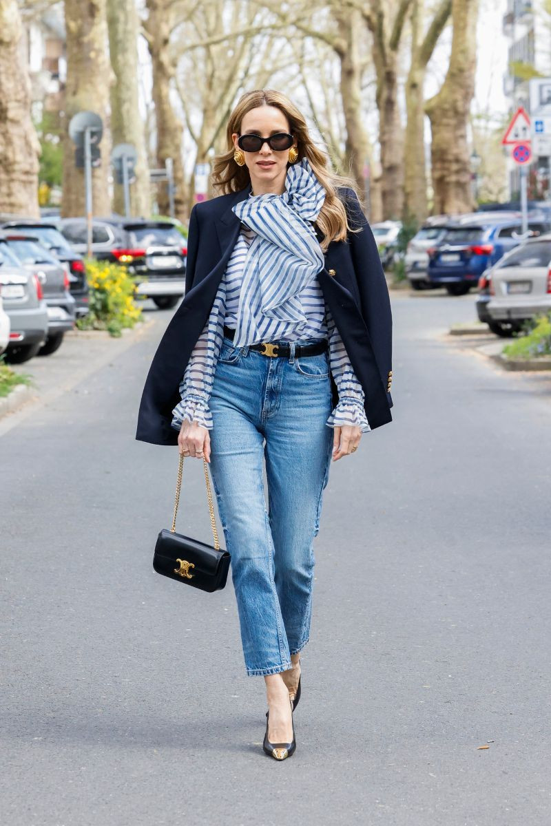 Striped Ruffled Blouse with Navy Blazer and Straight-Leg Jeans Striped Ruffled Blouse with Navy Blazer and Straight-Leg Jeans — Blouse Outfits 2027 with Blazer