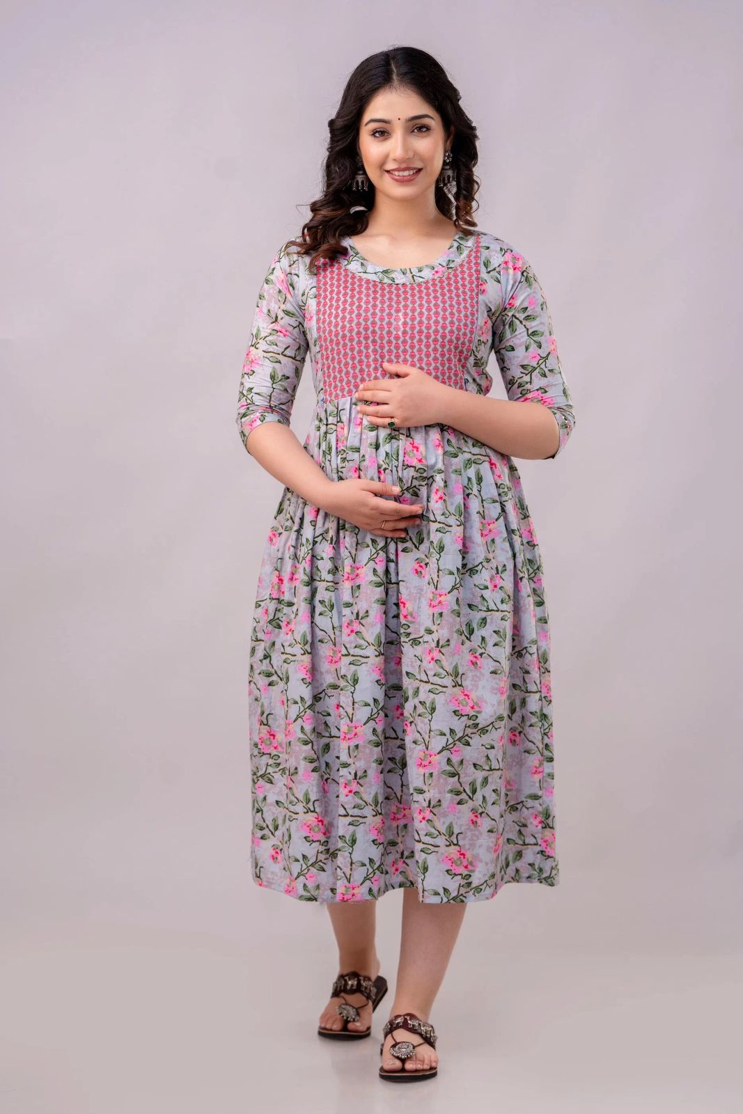 Grey Floral Midi Dress with Embroidered Bodice Grey Floral Midi Dress with Embroidered Bodice — Midi Dresses 2027 for Nursing Moms