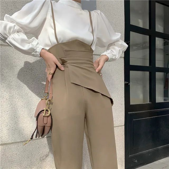 Ivory Satin Puff Sleeve Blouse under Taupe Jumpsuit with Suspenders Ivory Satin Puff Sleeve Blouse under Taupe Jumpsuit with Suspenders — Puff Sleeve Blouse Outfits 2027