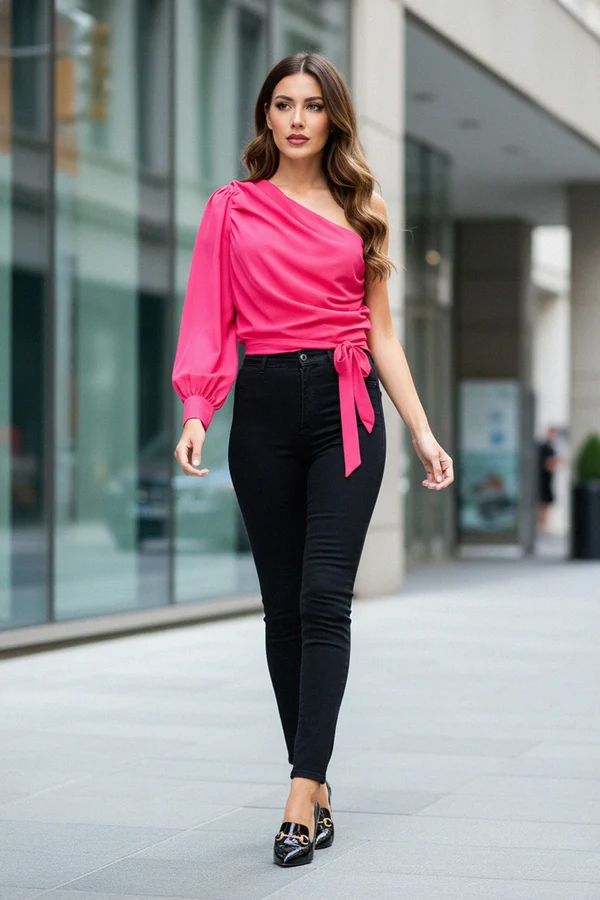 Hot Pink One-Shoulder Top with Skinny Jeans: Statement Power Hot Pink One-Shoulder Top with Skinny Jeans: Statement Power — Date Night Blouse Outfits 2027