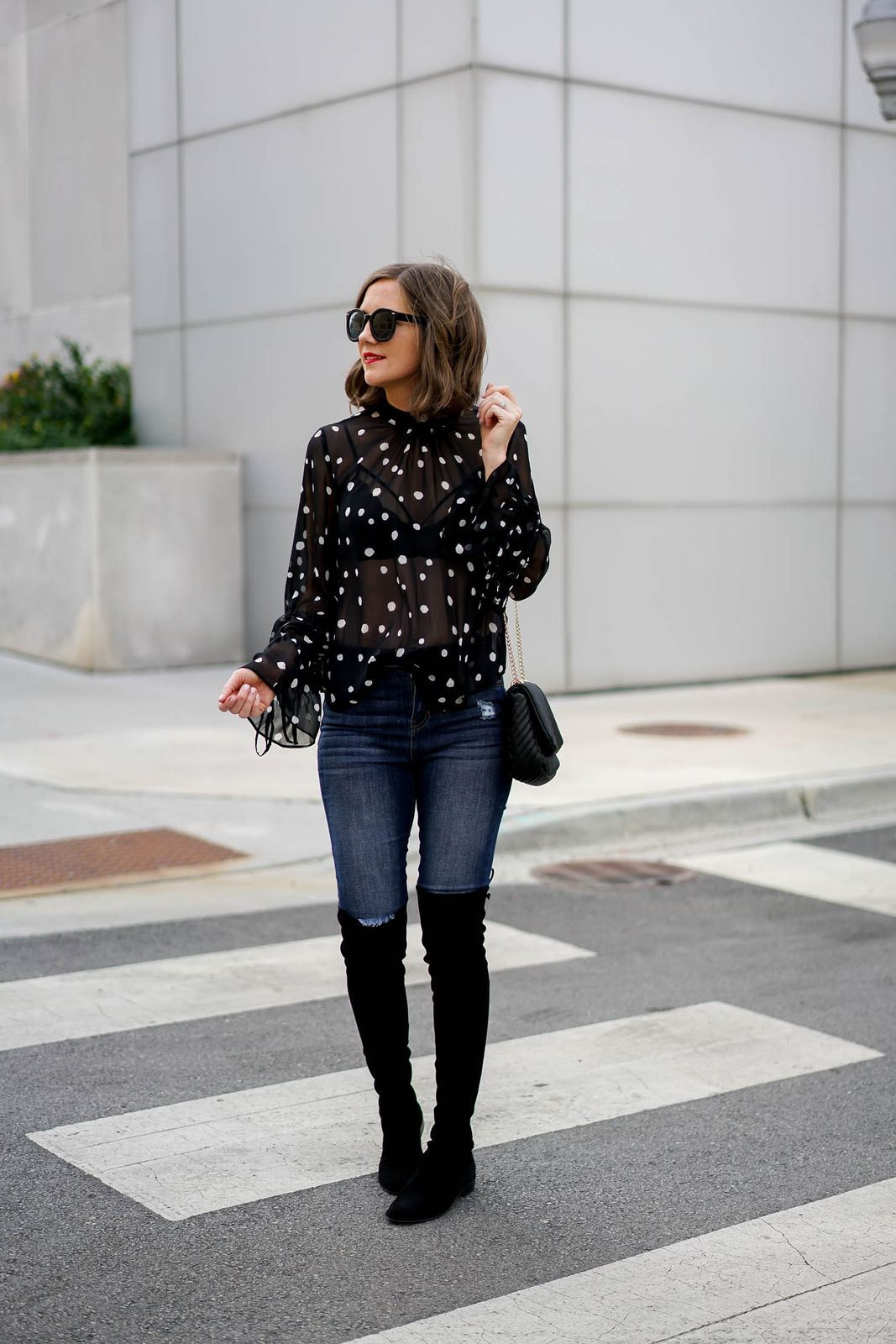 Sheer Polka Dot Blouse with Over-the-Knee Boots: Edgy Date Night Sheer Polka Dot Blouse with Over-the-Knee Boots: Edgy Date Night — Date Night Blouse Outfits 2027