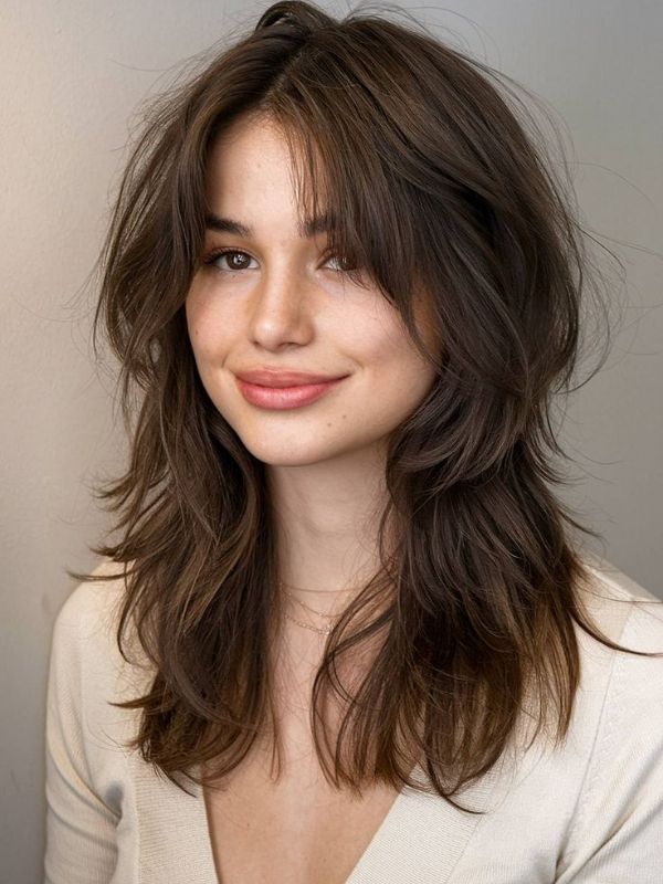 Dark Brown Shag With Caramel Highlights Dark Brown Shag With Caramel Highlights — Hair Color 2027 for Square Face