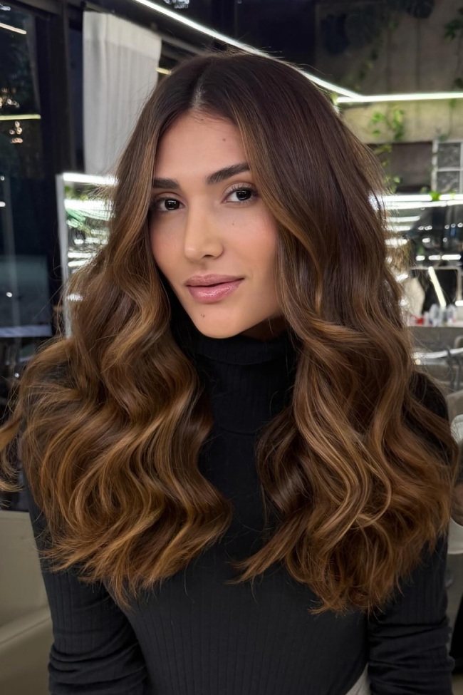 Medium Brown Base With Caramel Balayage Visual Idea — Balayage on Wavy Hair 2027
