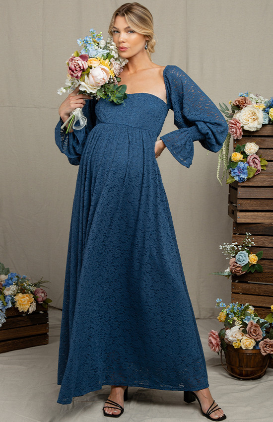 Denim Blue Lace Maxi with Bell Sleeves Denim Blue Lace Maxi with Bell Sleeves — Formal Dresses 2027 for Nursing Moms