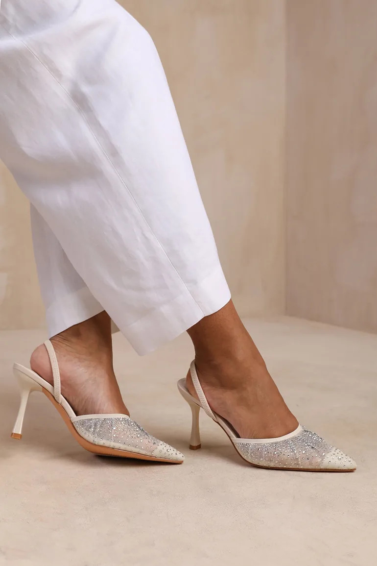 Beige Crystal Slingbacks with White Cropped Trousers Beige Crystal Slingbacks with White Cropped Trousers — Comfortable Heels 2027