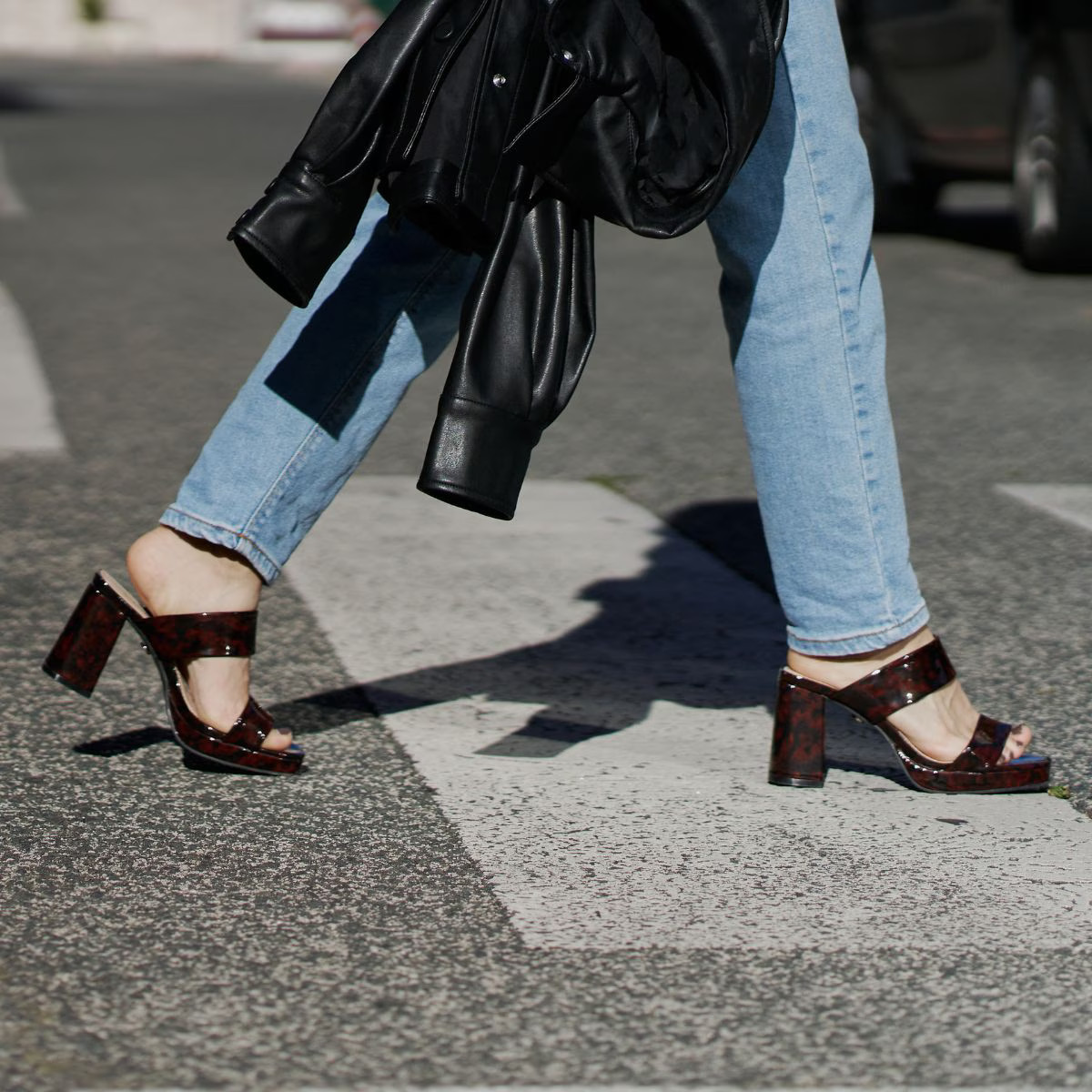 Tortoiseshell Mules with Straight Leg Jeans and Leather Jacket Tortoiseshell Mules with Straight Leg Jeans and Leather Jacket — Comfortable Heels 2027