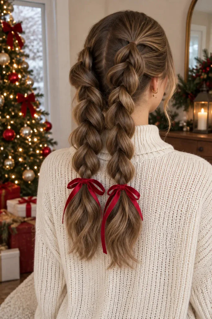 Chunky Bubble Braids With Red Bows Chunky Bubble Braids With Red Bows — Christmas Photo Hairstyles 2026