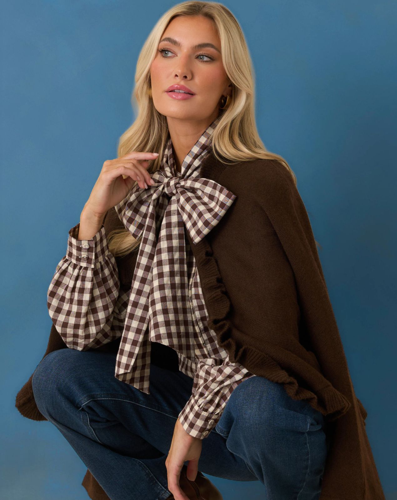 Gingham Shirt with Knit Cardigan and Bow Tie Gingham Shirt with Knit Cardigan and Bow Tie — Classic Americana Outfits 2027