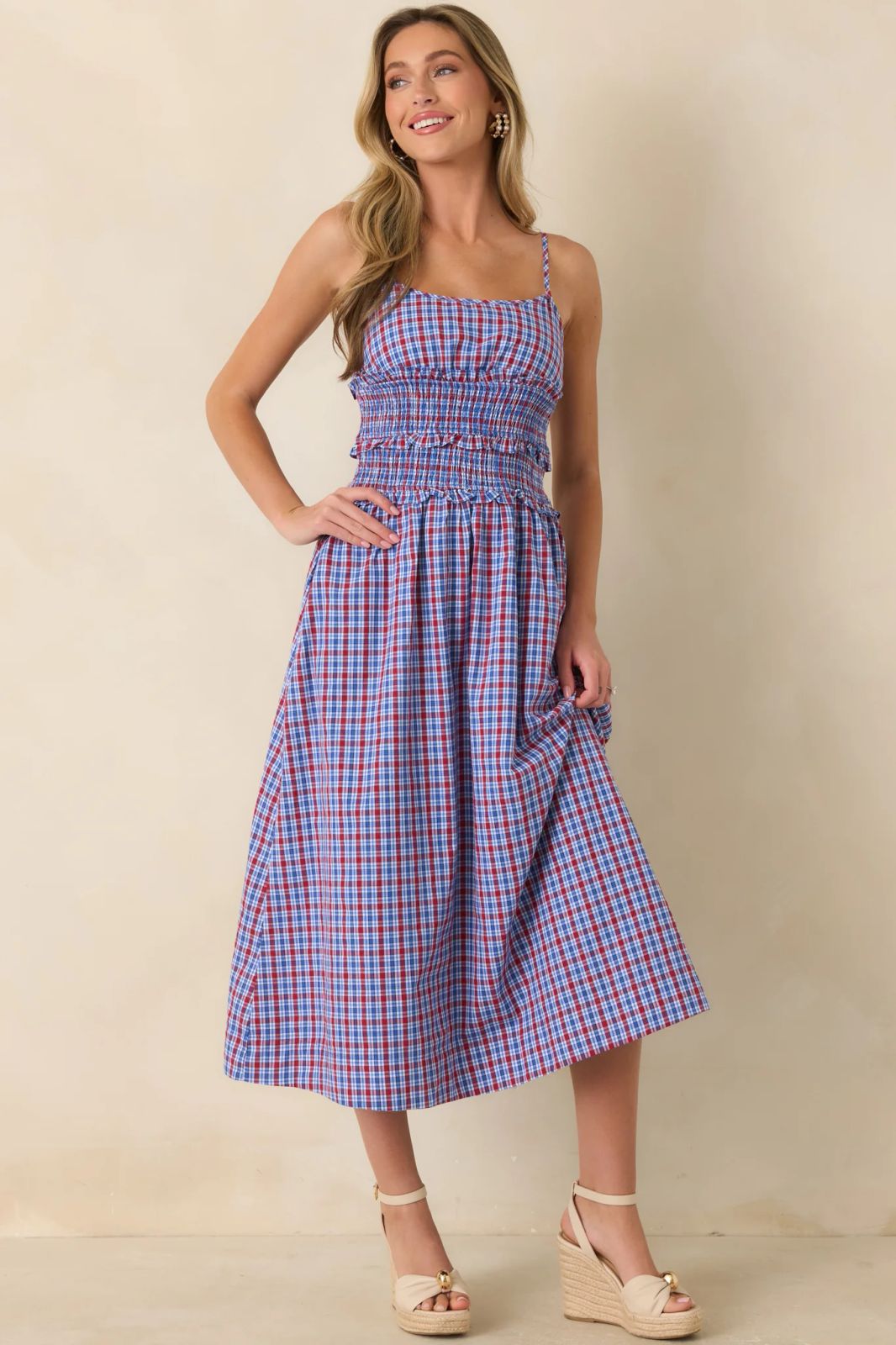 Red and Blue Gingham Dress with Espadrilles Red and Blue Gingham Dress with Espadrilles — Classic Americana Outfits 2027