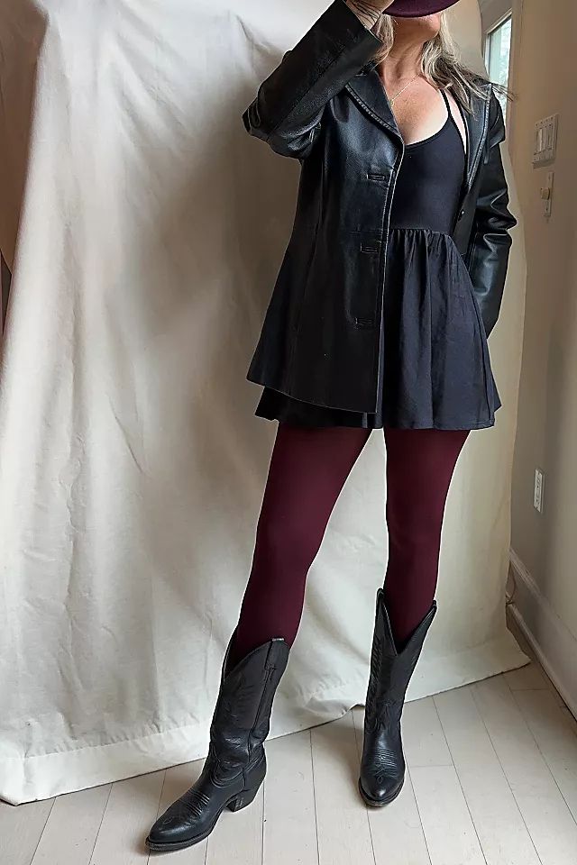 Leather Jacket with Burgundy Tights and Cowboy Boots Leather Jacket with Burgundy Tights and Cowboy Boots — Classic Americana Outfits 2027