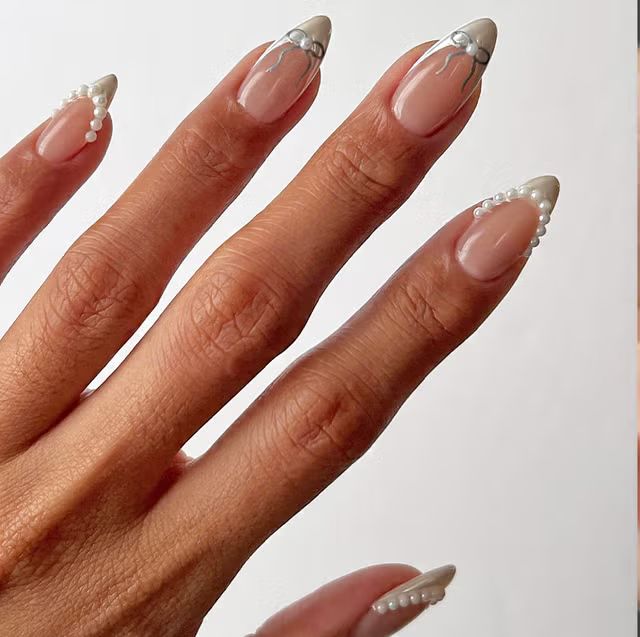 Medium Almond French with Pearls and Silver Medium Almond French with Pearls and Silver — Light Pink Wedding Nails 2027
