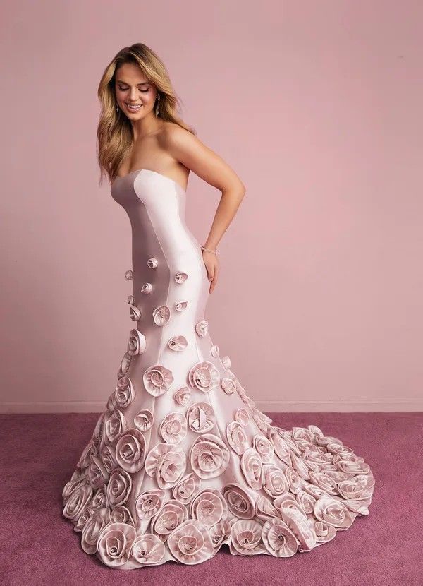 Pale Pink Mermaid Gown with Cascading 3D Florals — Colored Wedding Dresses 2027