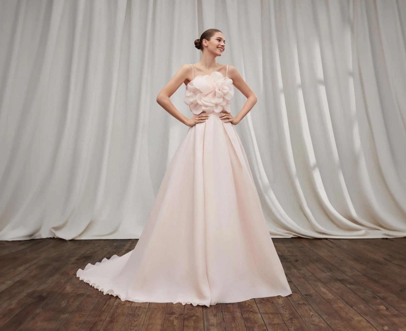 Blush Pink A-Line Gown with Sculpted Floral Detail — Colored Wedding Dresses 2027