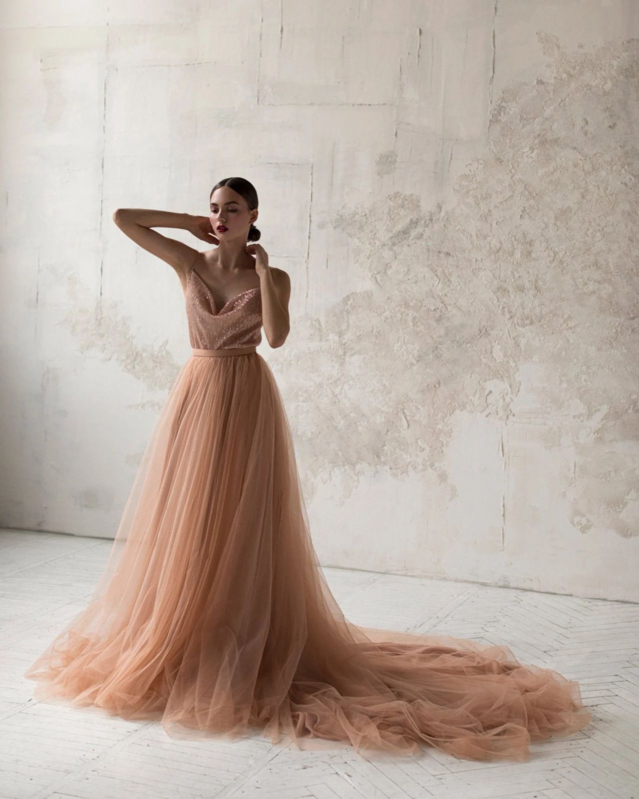 Peach Gown with Rose Gold Sequined Bodice — Colored Wedding Dresses 2027