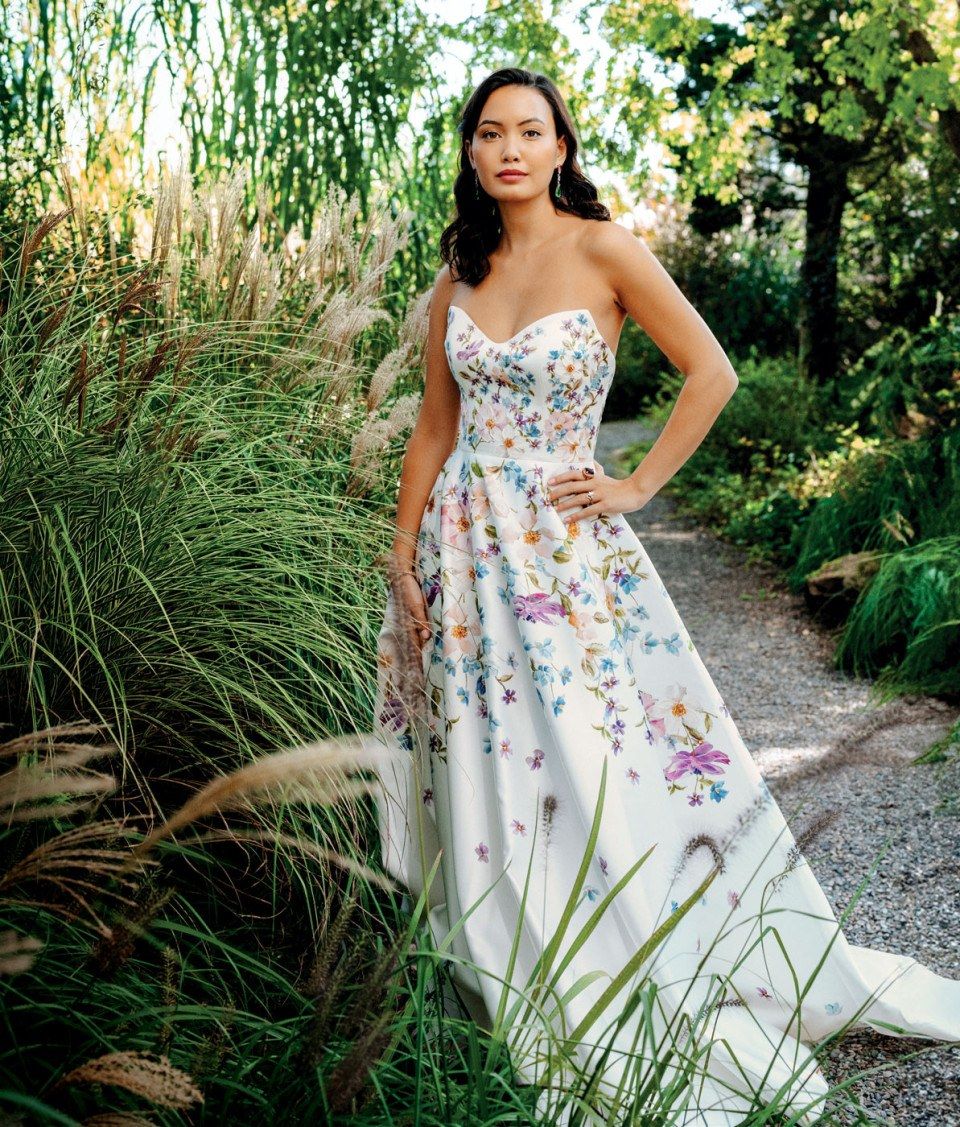 White Satin A-Line Gown with Multicolor Floral Embroidery — Colored Wedding Dresses 2027