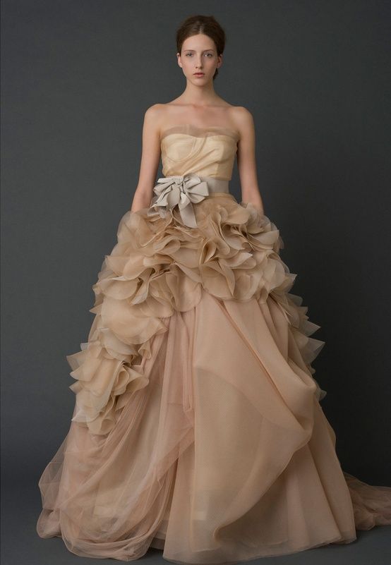 Beige Dress with Taupe Bow and Ruffled Skirt — Colored Wedding Dresses 2027