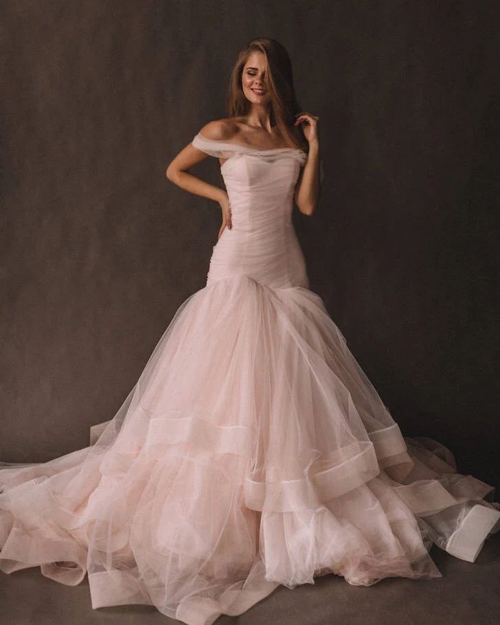 Blush Pink Off-the-Shoulder Mermaid Dress — Colored Wedding Dresses 2027