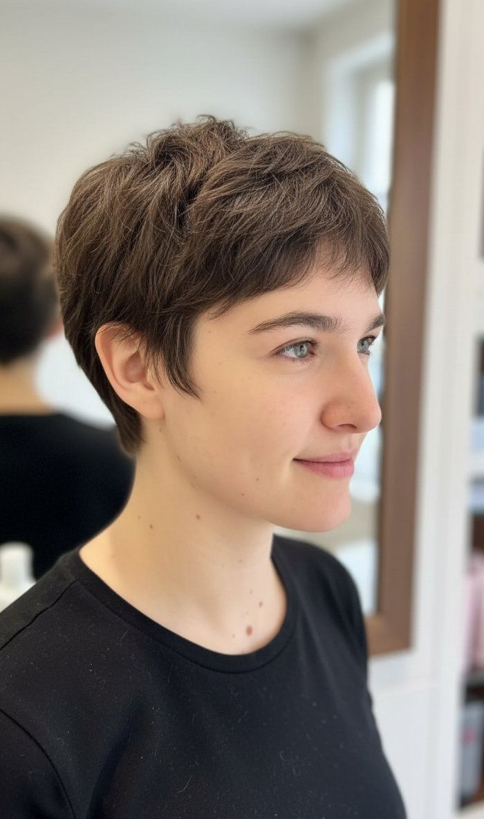 Wash and Go Soft Brunette Classic Pixie Haircut : Natural Short Haircut