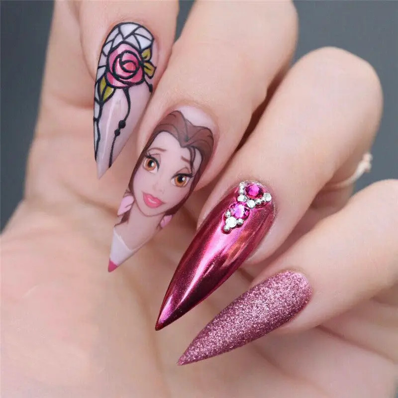 Belle Metallic Chrome Stiletto Nails Belle Metallic Chrome Stiletto Nails — Princess Disney Nails 2027