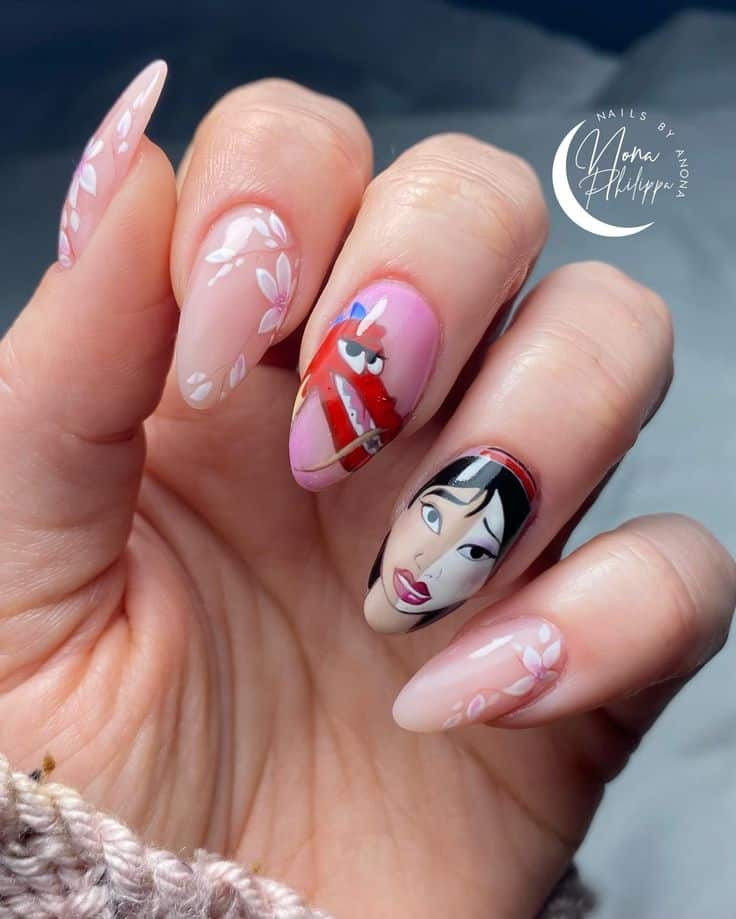 Mulan Floral Sheer Almond Nails Mulan Floral Sheer Almond Nails — Princess Disney Nails 2027