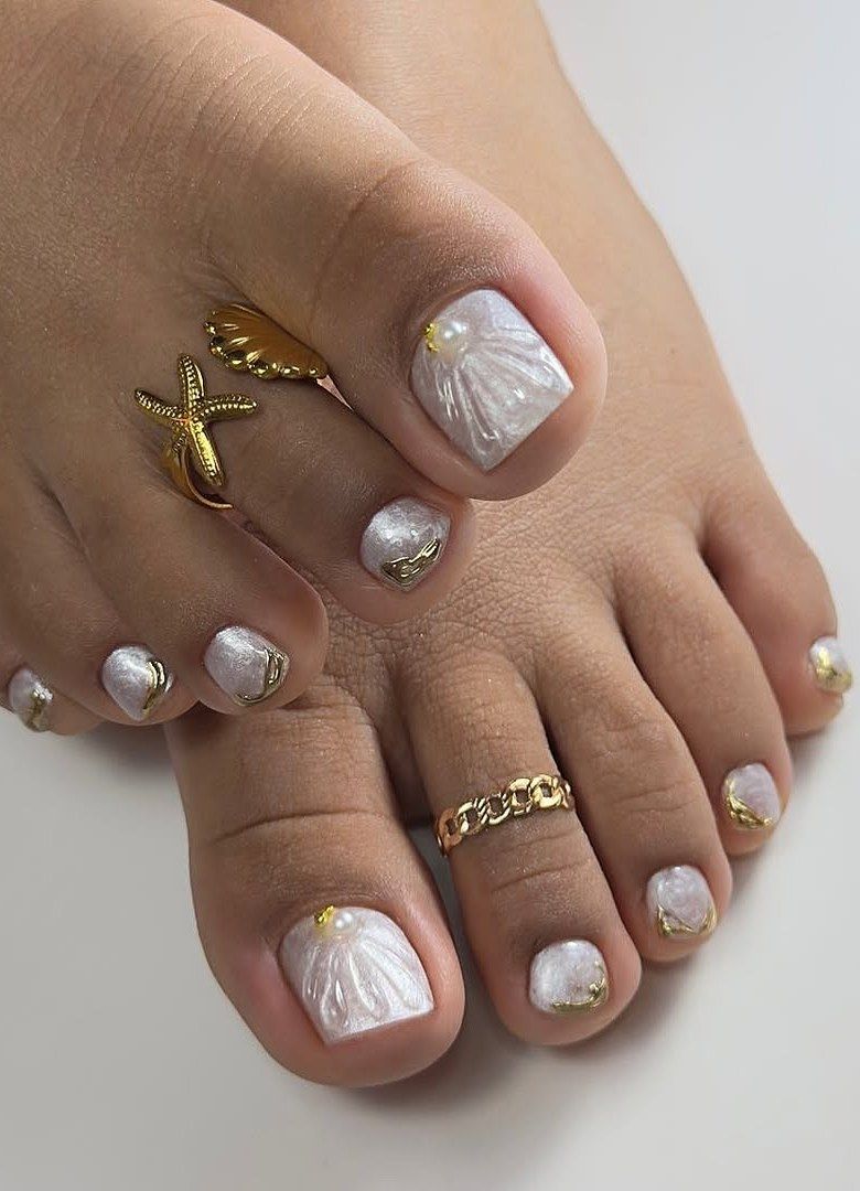 Pearl White Chrome with Gold and Pearls — Toe Nails 2027 for Women Over 60